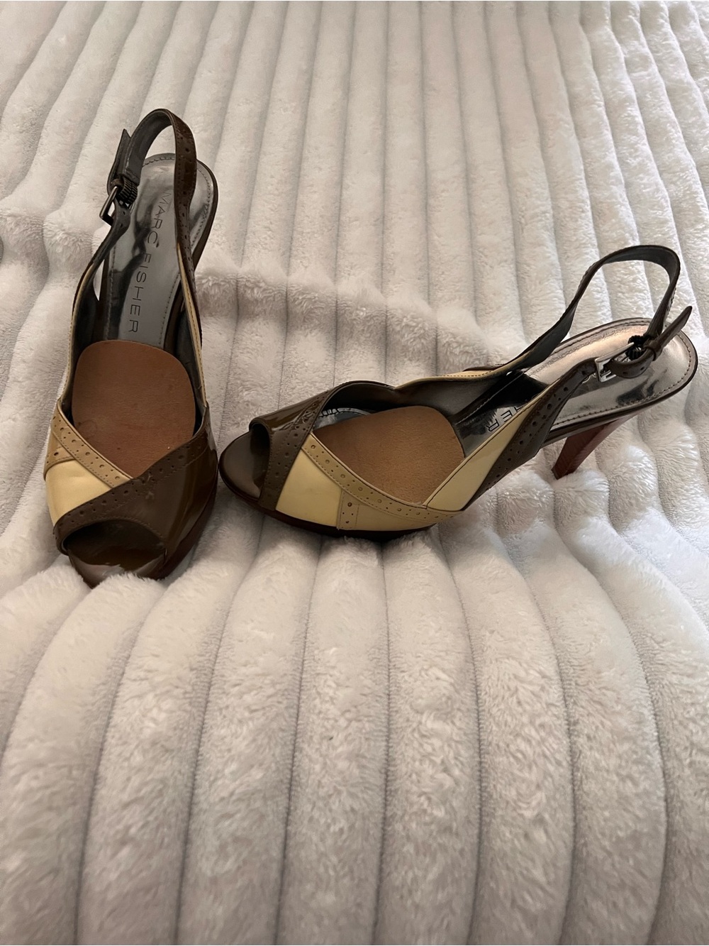 Marc Fisher Brown and Cream Open-Toe Slingback Heels